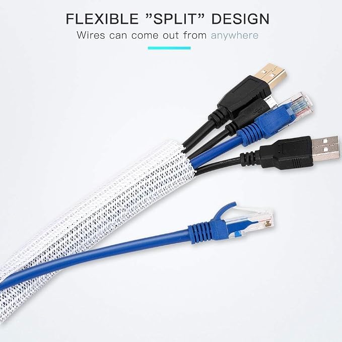 AGPTEK Cable Sleeve, 6.6ft - 2/3 inch Cable Management Cord Hider, White | Desk Cord Cover Organizer Wire Hider for Office Computer TV Wire Loom Tubing Pet-Proof Cord Protector from Cat Dog Chewing