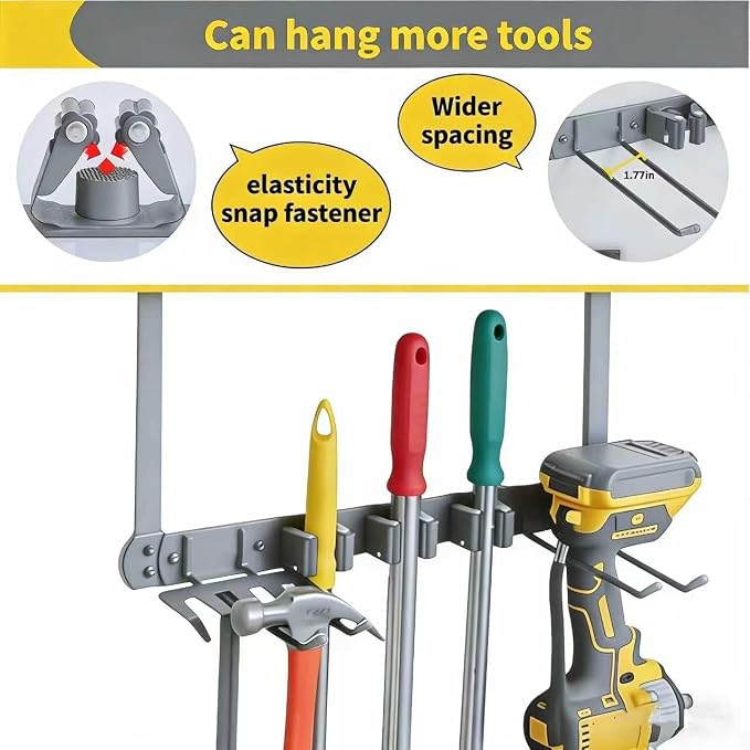 Over Door Tool Organizer, Heavy Duty Utility Rack with 3 Slots, 2 Hooks and 1 Basket, Power Tool & Garden Tool Storage for Garage, Workshop, Warehouse, Fits Brooms and Mops - Grey