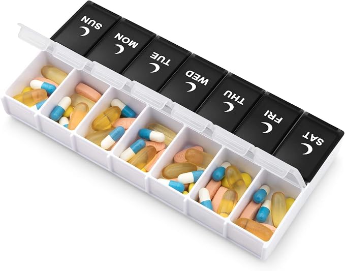 DANYING Large Pill Organizer 2 Times a Day, Weekly Pill Box 2 Per Day, AM PM Pill Case, Day Night Pills Container 7 Day, Vitamin Case Twice a Day, Black & White