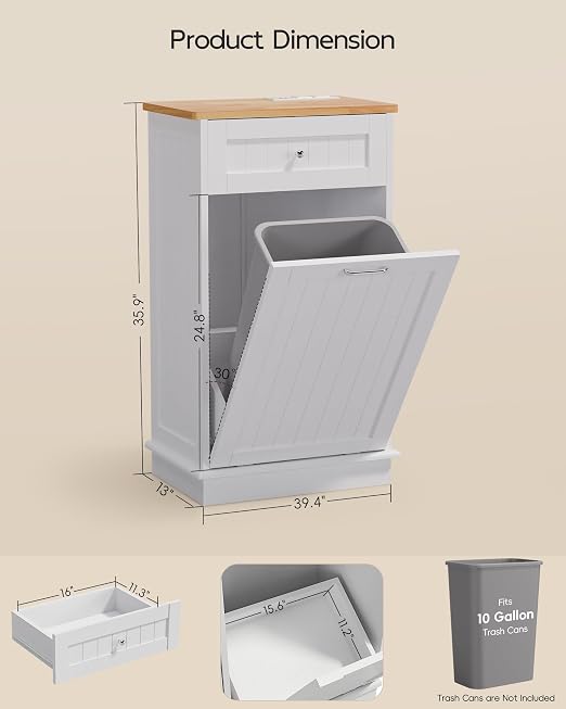 Betterhood Single Tilt Out Trash Cabinet with Power Outlet, Wooden Hidden Garbage Can Holder with a Big Storage Drawers for Kitchen, Living Room, Laundry, White