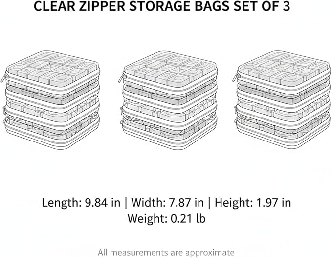3-Pack Clear PET Zipper Storage Bags, White Organizer Pouches for Closet, Drawer & Under-Bed Use, Durable Transparent Containers (Small, Medium, Large)
