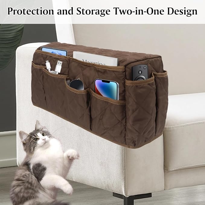 Remote Control Holder, Non Slip Bedside Armchair Caddy, Recliner Arm Caddy Armrest Organizer with 14 Pockets for Cell Phone TV Remote Control Magazines