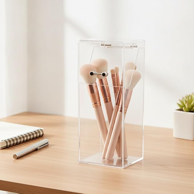 Clear Makeup Brush Holder with Lid, Compact PET Plastic Storage Caddy for Vanity & Travel, 3.3 x 3.3 Inch Base
