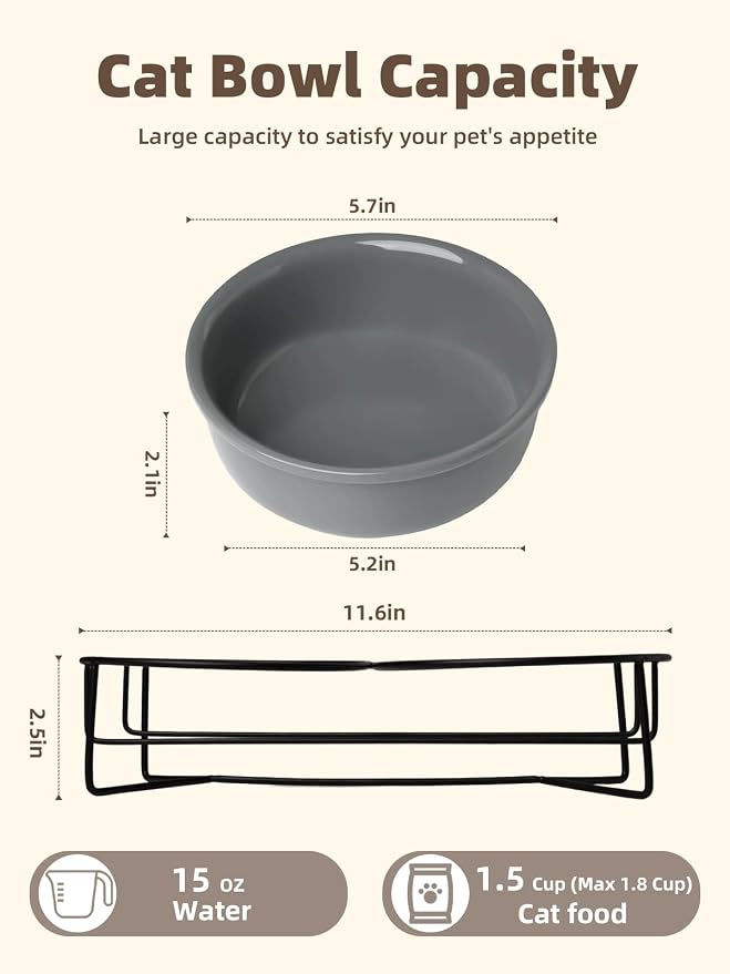 GDCZ Elevated 15 Oz Ceramic Double Cat Bowls with 11.6x2.5 Inch Stand (Grey)
