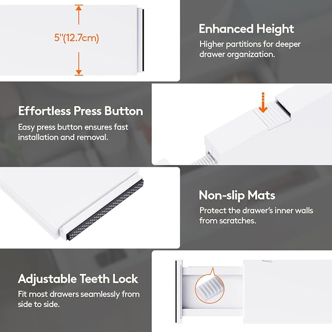 Lifewit 5" Tall Upgrade Drawer Dividers, Adjustable Deep Drawer Organizer | 13.5"-22" Expandable White Drawer Separator for Clothes, Dresser/Kitchen/Closet/Bedroom/Office Organization & Storage, 6 Pack