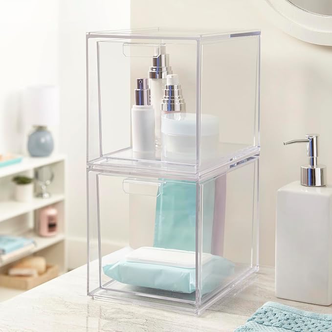 STORi Audrey Stackable Bin Clear Plastic Organizer Drawers | 2 Piece Set | Organize Cosmetics and Beauty Supplies on a Vanity | Made in USA (Pack of 3)