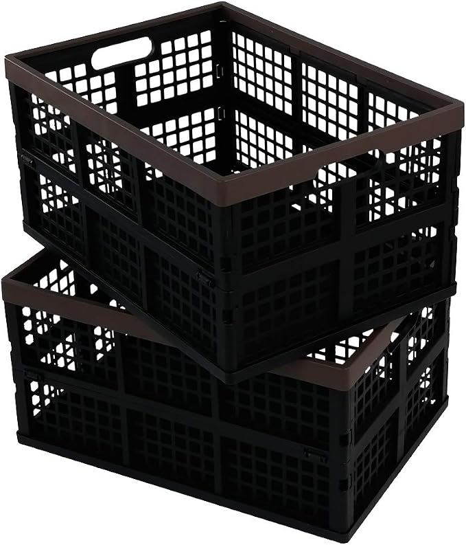 2-Pack 42 L Plastic Staking Folding Storage Basket Crates, Balck | Extra large plastic crate storage, fold flat when not in use, perfect for home, office, and garage organization