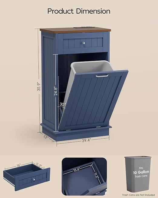Betterhood Single Tilt Out Trash Cabinet with Power Outlet, Wooden Hidden Garbage Can Holder with a Big Storage Drawers for Kitchen, Living Room, Laundry, Blue