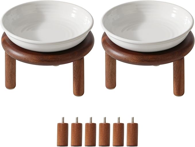 Havniva Elevated Cat Bowls, Ceramic Cat Bowl with Wood Stand, Wide Opening | 5.7” Raised Cat Food Bowls, Whisker Friendly Cat Dish, Anti-Slip Cat Water Bowls, Shallow Cat Bowls, Cat Food & Water Bowl