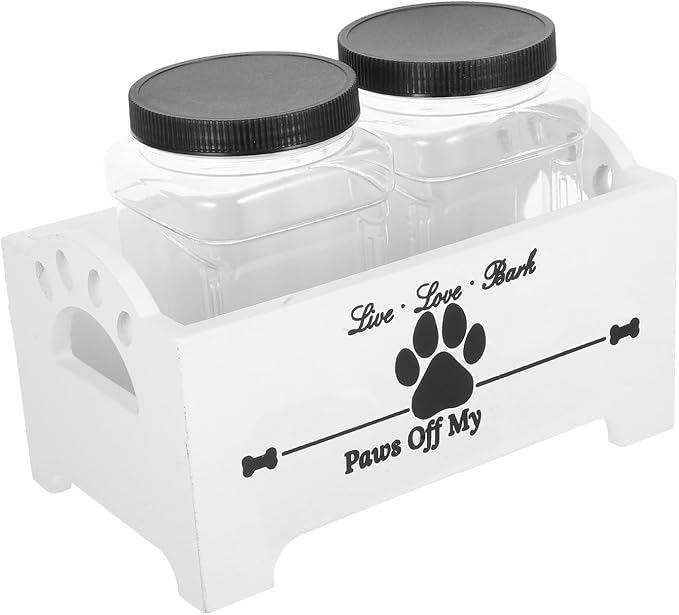 Yardwe Wooden Dog Food Storage Box with Two Airtight Jars, Pet Treat Organizer Bin for Home Use, White Solid Wood Snack Crate for Dog Food and Pet Accessories