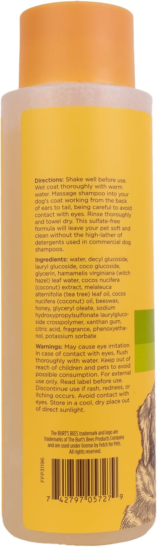 Burt's Bees for Pets Deodorizing Dog Shampoo with Witch Hazel, Lemongrass and Sage Scent, 95% Natural Origin, pH Balanced, No Sulfates or Parabens, for Smelly Dogs, 16 Fl Oz