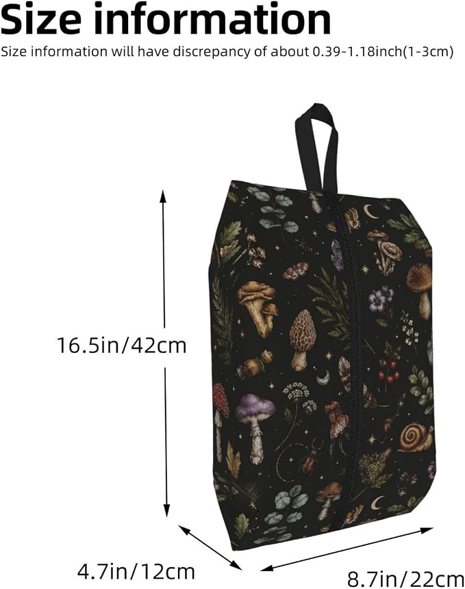 Mystical Witchcore Mushroom Travel Shoe Bag for Men & Women, Waterproof Shoe Storage Organizer with Zipper, Portable Shoe Pouch for Sneakers, Heels, Sandals, Gym & Travel Luggage 2PCS