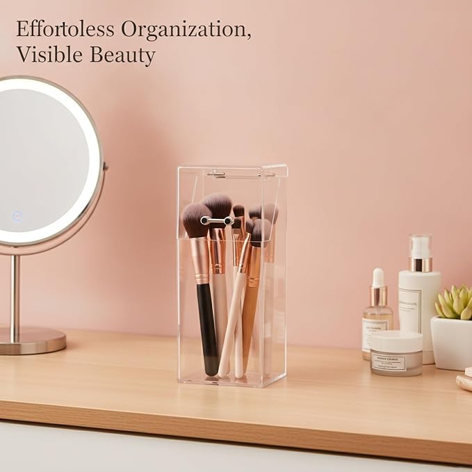 Clear Makeup Brush Holder with Lid, Compact PET Plastic Storage Caddy for Vanity & Travel, 3.3 x 3.3 Inch Base