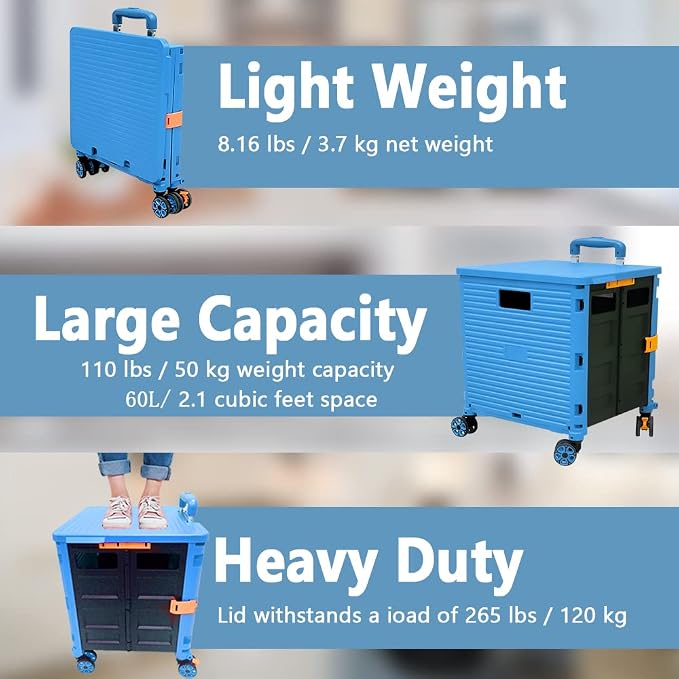 FELICON SELORSS Foldable Utility Cart Portable Rolling Crate-Light Blue | Durable,Heavy Duty,Plastic Box,Telescoping Handle,4 Rotate Wheels,Collapsible Handcart for Travel Shop Move Luggage Office