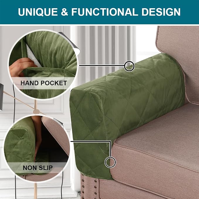 Velvet Quilted Armrest Covers - Water-Resistant Sofa Arm Protectors Set of 2 with Side Pocket Organizer, Non-Slip Furniture Covers for Chairs & Couches (Loden)
