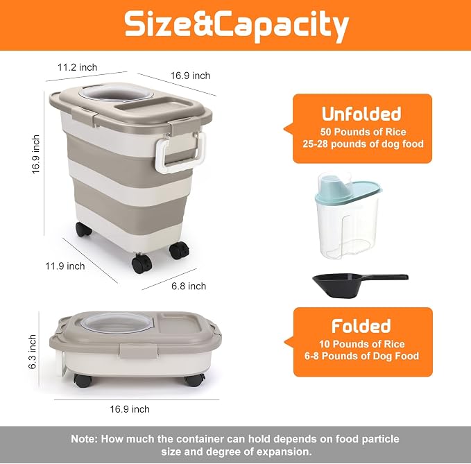 Beyoung 25-28lbs Airtight Dog Food Storage Containers with Wheels and Lids, Collapsible Pet Food Storage Bins with Handle, 50lb Rice Storage Bucket with Scoop, Dry Food Storage Bins (Khaki)