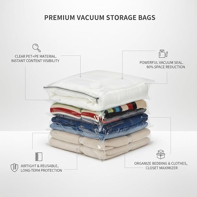Clear Vacuum Storage Bags with Valve for Clothes & Bedding, Reusable Space Saver Compression Organizer (1 Pack)