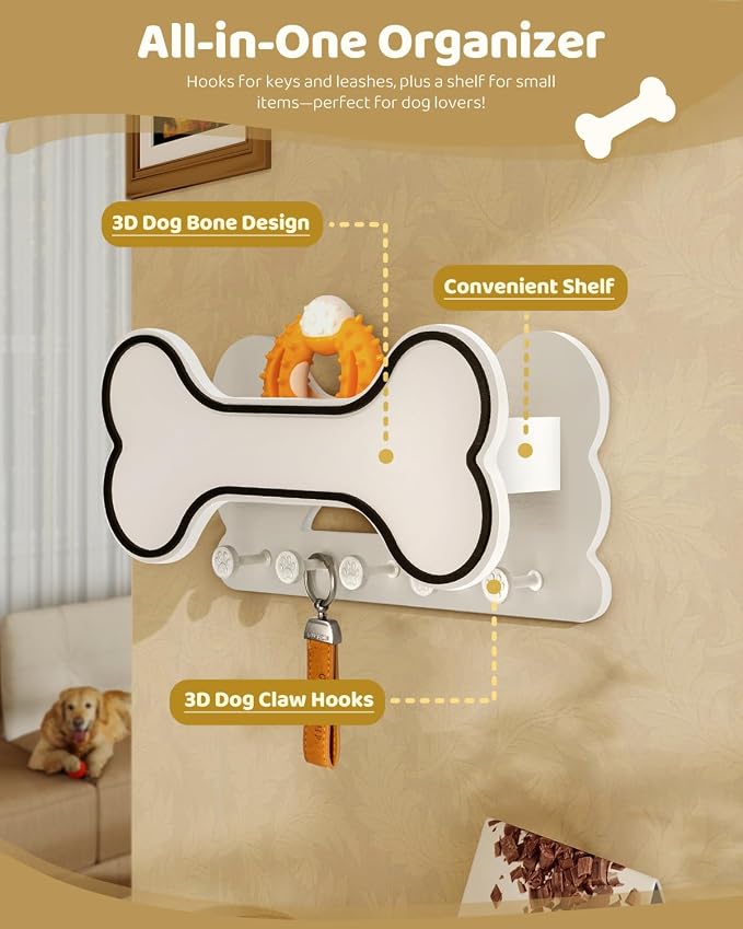 MTERSN Dog Leash Holder for Wall for Apartment Essentials, Black & White | Chic 3D Puppy Paw Hooks for Dog Leash, Doggie Bone Shape, Key Holder for Wall with 5 Hooks, Dog Stuff Storage Shelf