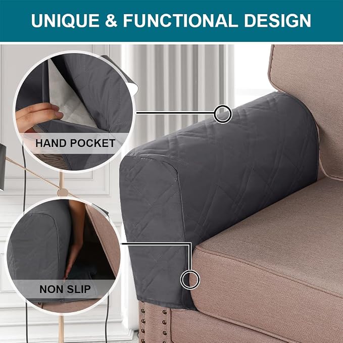 2-Pack Waterproof Armrest Covers for Couches & Chairs – Anti-Slip Furniture Protectors with Side Pockets, Washable Sofa Arm Covers, Universal Stretch Fit (Fits Most Armrests)(Gray)