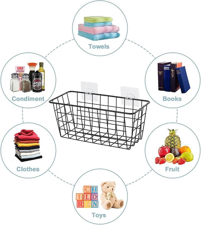 JUNCHU CHERRY 2 Pack Hanging Storage Basket, Bathroom Basket, Household Goods, with Traceless Tape, no Drilling, for Cabinet Storage, Kitchen, Bathroom, Storage Room,Black