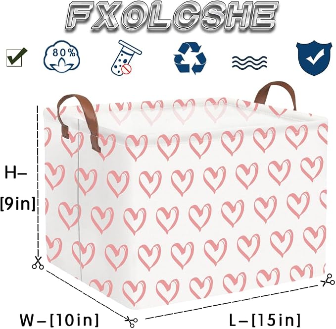 FXOLCSHE Rectangular Valentines Basket,baby Gift Baskets Empty,Pink Gift basket with Handle Organizer,Heart Print easter Baskets,Girl Room Decor(Pink hearts)