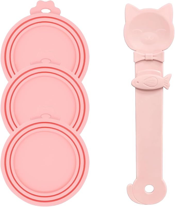 Cat Treat Spoon Squeeze & 3 Pcs Can Lids | Cat Treat Feeder for Liquid Snack | Universal Silicone Pet Can Covers BPA Free | Churu Spoon Dispenser(Pink)