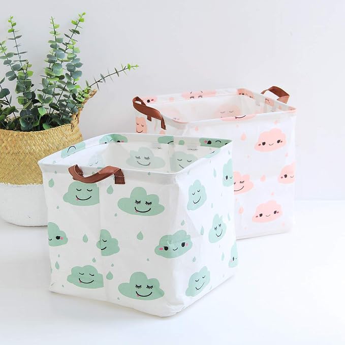 Square Storage Bins Canvas Collapsible Storage Basket with Handles Toy Organizer for Nursery, Kid's Toys, Closet & Laundry, Gift Baskets (Green Cloud)