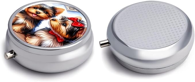 Two Pet Dog Metal Round Pill Box, 3 Compartment Travel Organizer, Portable Pill Container with Secure Latch, 2 Inch Circular Vitamin Caddy for Pills and Vitamins, Gift for Him Her Elderly