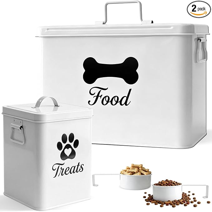 Dog Treat Container Set of 2, Airtight Metal Dog Food Storage Container (12-15 lb & 6-8 lb Capacity), Large & Small Kibble Storage Containers with Lid and 2 Scoops, for Dry Food and Treats (White)