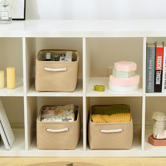 Storage Bins for Shelves - Medium 3Pack 13.8L*9.8W*6.7H inch Canves Storage Basket for Organizing, Fabric Storage with Handles for Clothes Baby Dog Toys(Beige)