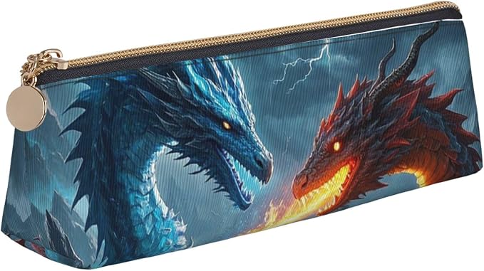 Leather Pen Case with Zipper - Aesthetic Pen Holder Ice Dragon and Fire Dragon Pencil Case for Women & Men - Handcrafted Pencil Bag Multi-Functional Travel Cosmetic Case for Work Office Tool Pouch