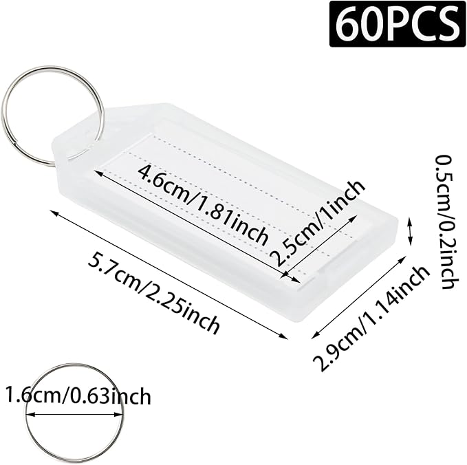60pcs 2inch Keys Tags,Reusable Key Identifiers Blank Labels with Split Ring,Transparent Plastic Key Organizer for Name Luggage Pets Bags Home Office(White)