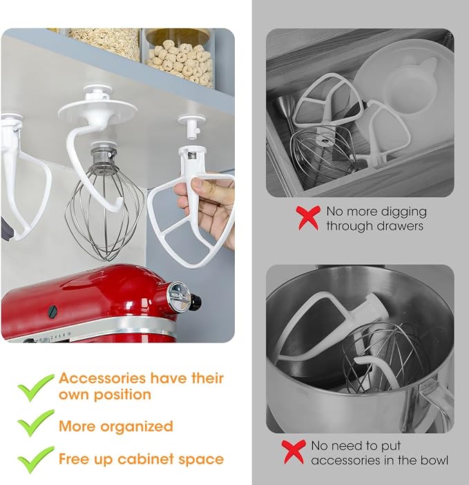 AIEVE 4 Pack Stand Mixer Attachment Holders Compatible with Kitchenaid Mixer Accessories,Flex Edge Beater, Flat Beater, Dough Hooks and Wire Whip Organizer