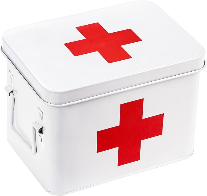 WUWEOT Metal First aid Box, Divided Medicine Tin First Aid Kit, Vintage Antique Empty Boxes with Lid and Removable Tray for Home Family Emergency Tool