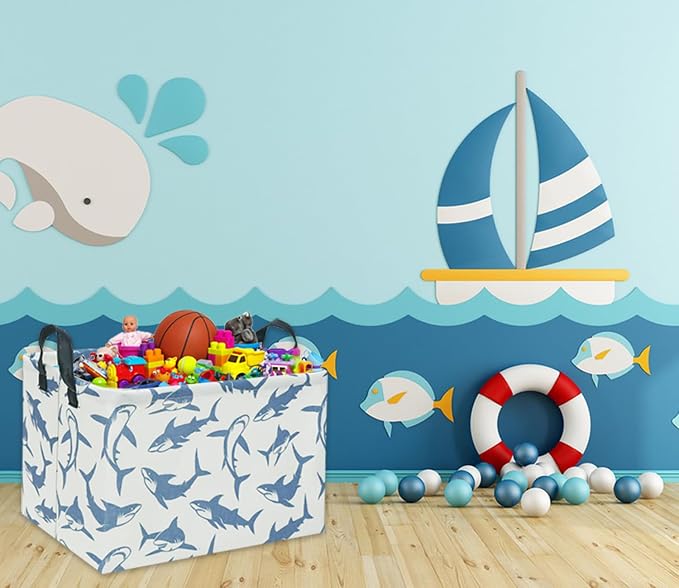 Rectangular Shark Basket Kids Baby Storage Basket Cute Kids Toy Storage Bin Organizer Shelf Book Shark Room Decor(Blue Shark)