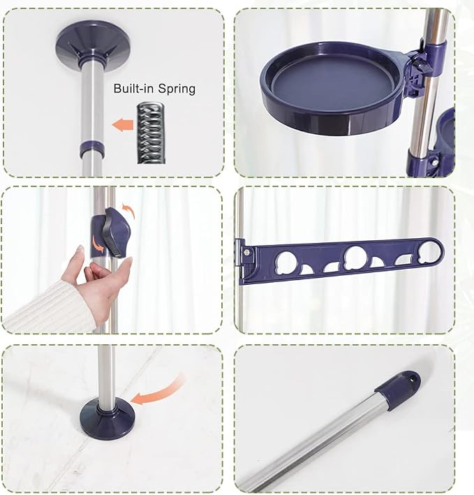 Plant Stand Floor to Ceiling-12 Trays Flower Pot Holder Tension Rod | Indoor Telescopic Navy Blue Display Rack with 2 Hooks & Drying Rod | Adjustable Storage Organizer for Home Garden Decor