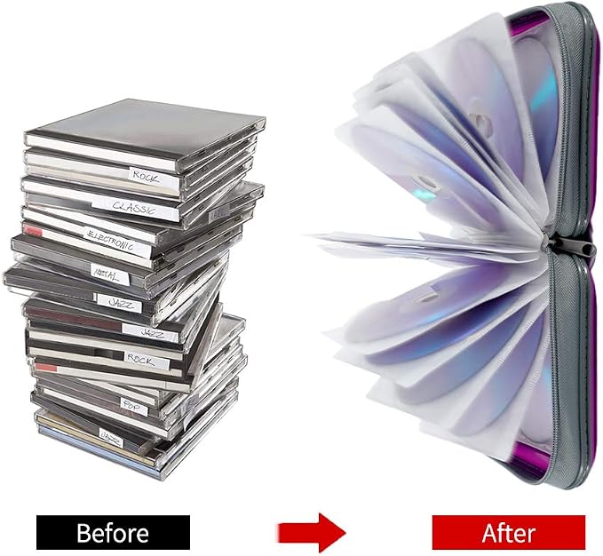 CD Case, 40 Capacity CD DVD Case Wallet Holder Portable Disc VCD Heavy Duty Binder Storage Organizer (Purple)