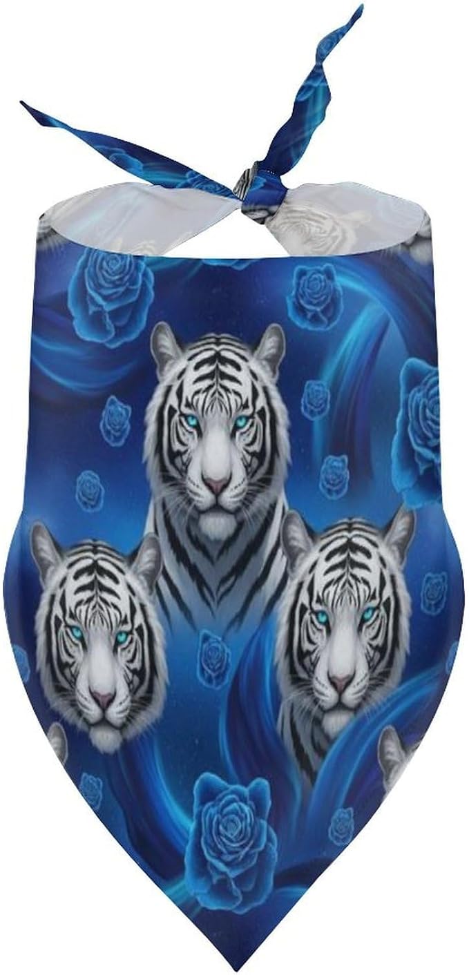 Portable Lightweight Triangle Pet Scarf Blue Rose White Tiger Fit Small, Medium, Large Dogs and Cats Wedding, Beach Party, Family Party Wear