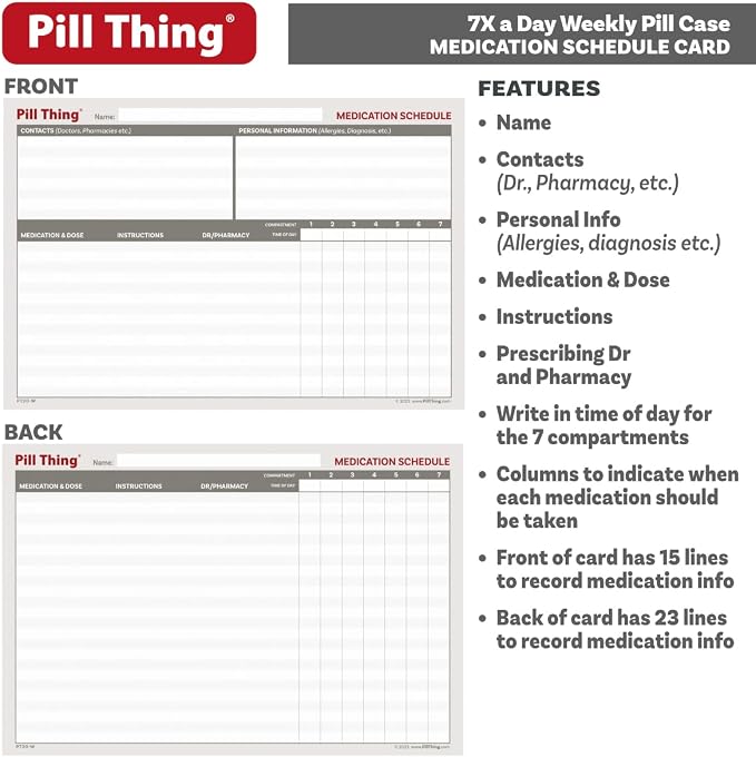 7 Times a Day Weekly Pill Box Organizer Case, Secure 7X Pillbox with Medication Schedule, Includes Premium Lifetime Subscription to Medisafe App (7 Time-a-Day)