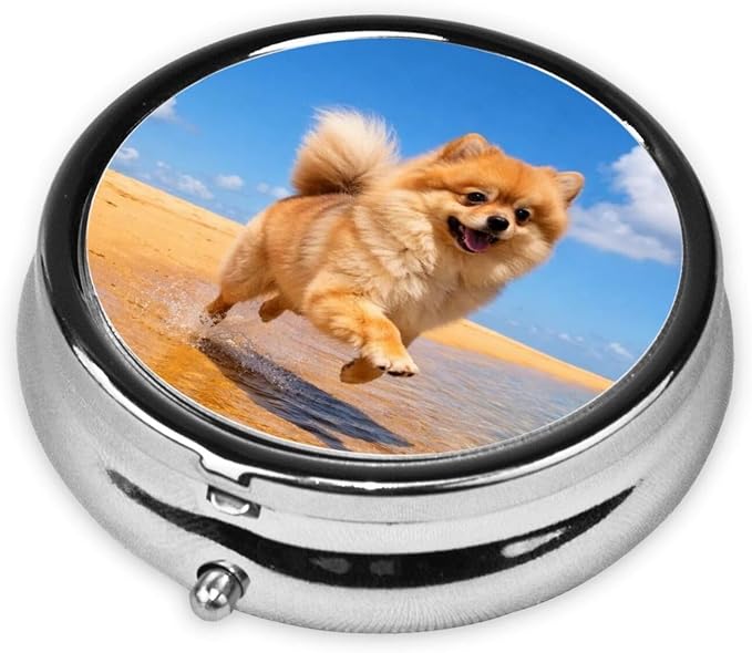 Pomeranian On The Beach Portable Pill Organizer | 3 Compartment, With Mirror, For Men Women, For Daily Supplements, Vitamins, Fish Oil, Jewelry, Candy, Travel