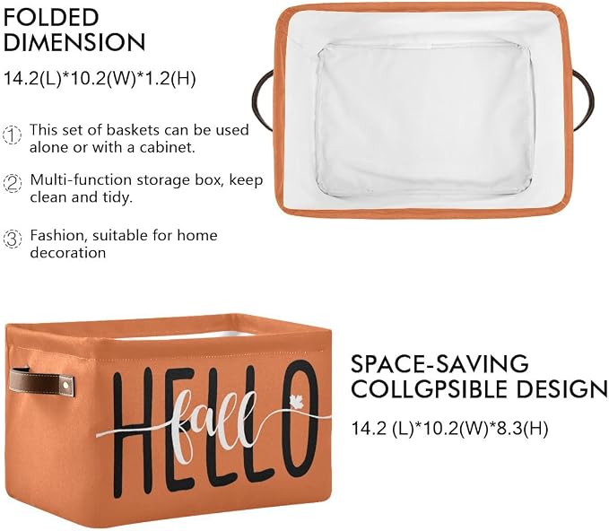 Hello Fall Orange Storage Basket Fabric Kitchen Baskets Autumn Pumpkin Open Home Storage Bins Boxes Foldable Organizer Bag for Baby Cloth Pet Toy Book Shelf Closet Baskets 2 Pack 16×12×8 Inches