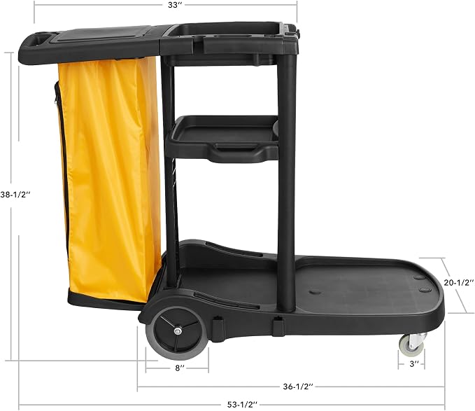 Commercial Janitorial Cleaning Cart on Wheels - Black Housekeeping Caddy with Cover, Shelves and Vinyl Bag