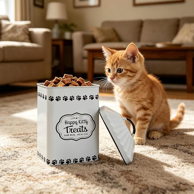 All Chic Cat Food Container Pet Food Storage Container with Lid & Sturdy Metal Handle with Spoon - Metal Kibble Storage Bin for Pets -Pet Food Storage