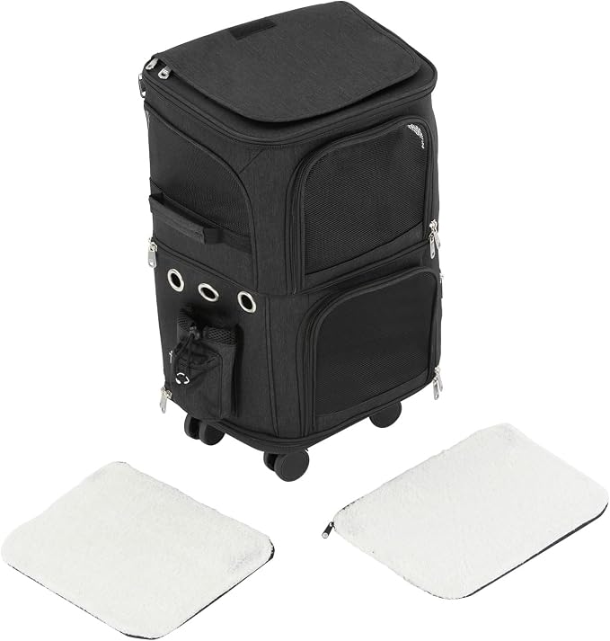 2-Tier Rolling Pet Carrier for Cats & Dogs, Removable Divider, Telescopic Handle, 4 Wheels, Breathable Mesh, Foldable, Large Portable Travel Crate with Side Pockets, 22lbs Capacity,Black