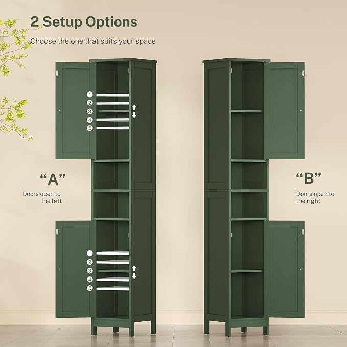 TEENFON 67" Tall Bathroom Cabinet with Adjustable Shelves and Doors, Narrow Bathroom Storage Cabinet for Small Space, Living Room, Entryway, Kitchen, Green