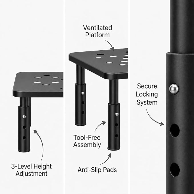 Raised Automatic Cat Feeder Stand for Double Bowl Feeders, Carbon Steel 14.57 x 9.25 in, 3 Adjustable Heights 3.94-5.5 in, Non-Slip, Fits Feeders & Water Dispensers, No-Drill (Black)