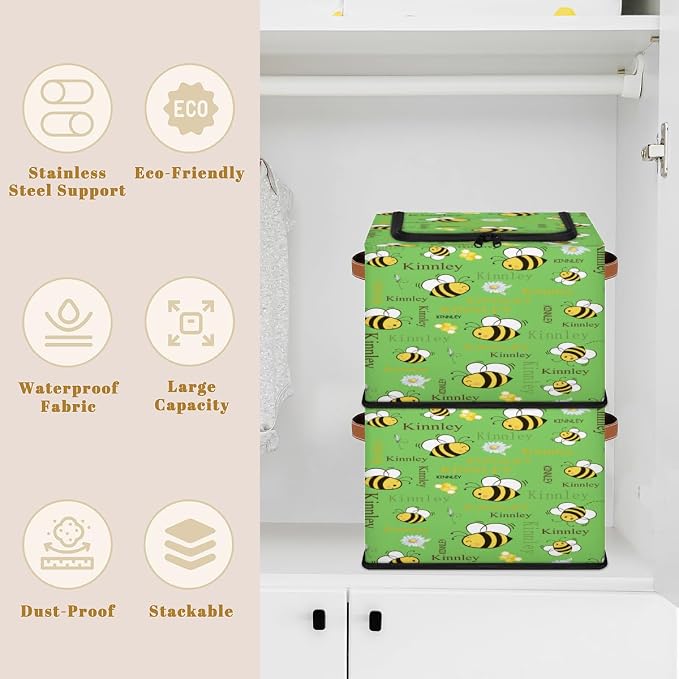 Personalized Foldable Storage Basket with Name, Cartoon Bee with Daisy Floral Spring Green Zipper Lid Laundy Hamper Dirty Clothes Toys Storage Bin with Handles for Shelf Home Closet