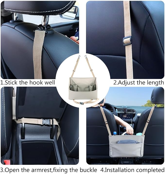 Viaviat Car Handbag Purse Holder Between Seats Leather Car Front Seat Storage Bag Large Capacity Car Organizers for Book Document Phone Bottle Tissue Toy (Beige Style-1)