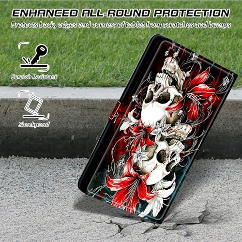 Universal Tablet Case for T-Mobile Revvl Tab 2 10.1" 2025/Revvl Tab 5G 10.36" 2023, 360 Degree Rotating Kickstand Protective Stand PU Leather Shell Cover for 9"-10.5", Red Lily Skull