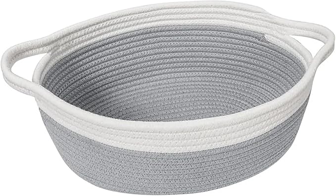 Small Dog Toy Basket, Woven Cotton Rope Storage Box for Cat Dog, Pet Baby Nursery Organizer, Empty Baskets for Gifts, Wicker Basket with Handles, Cute Shelf Bin for Decor, 12"x 8"x 5", Gray